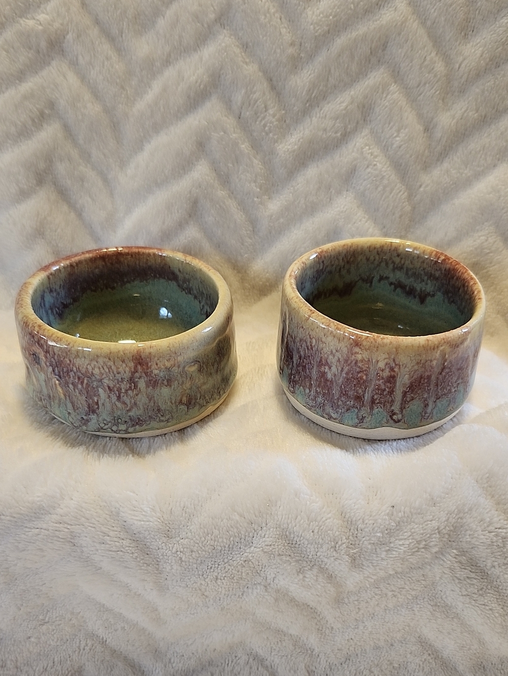 Handmade Glazed Ceramic Bowls — Green and Purple Drip Glaze (Set of 2)